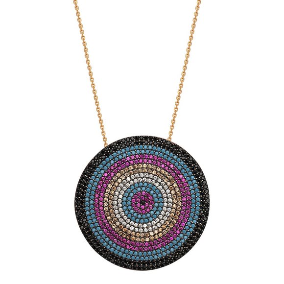 Fine Silver Rose Gold CZ Turquoise Disk Necklace